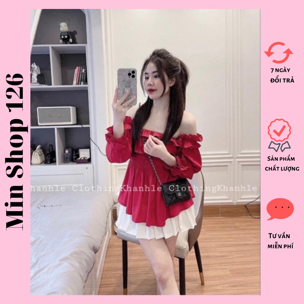 Set áo đỏ bèo trễ vai mix chân váy xếp ly
