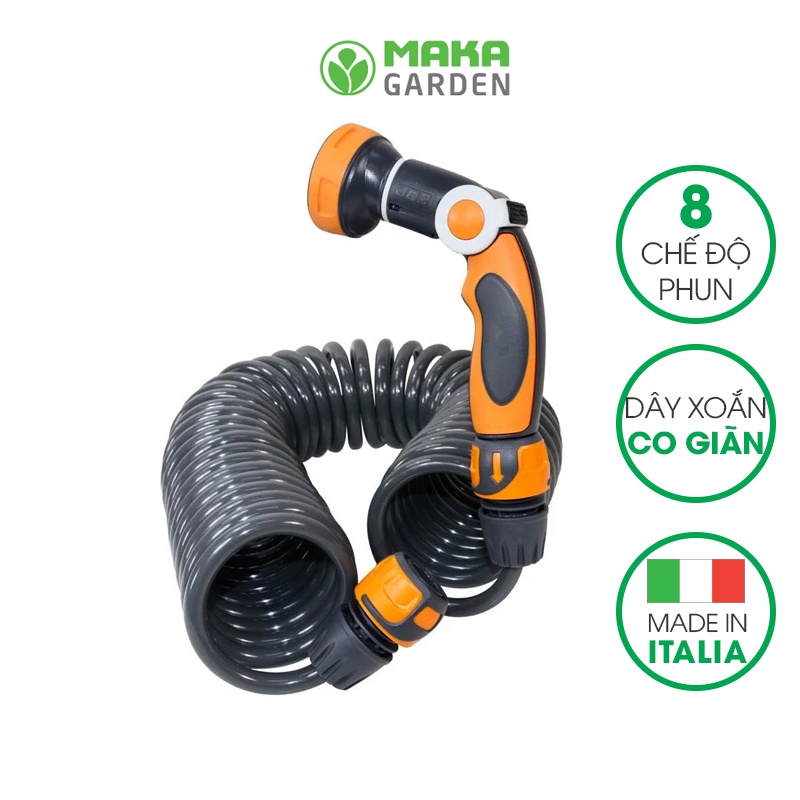 Bộ Vòi Tưới Cây Dây Xoắn 10 Mét GF7233,  thương hiệu GF- Ý, chiều dài 10m, dây xoắn co giãn, vòi tưới 8 kiểu phun