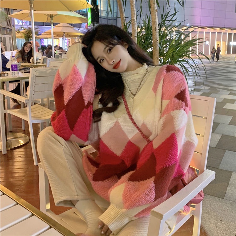 Áo Len Tay Dài Cổ Chữ v Form Rộng Họa Tiết Hình Thoi Phong Cách Hàn Quốc Dễ Phối Đồ