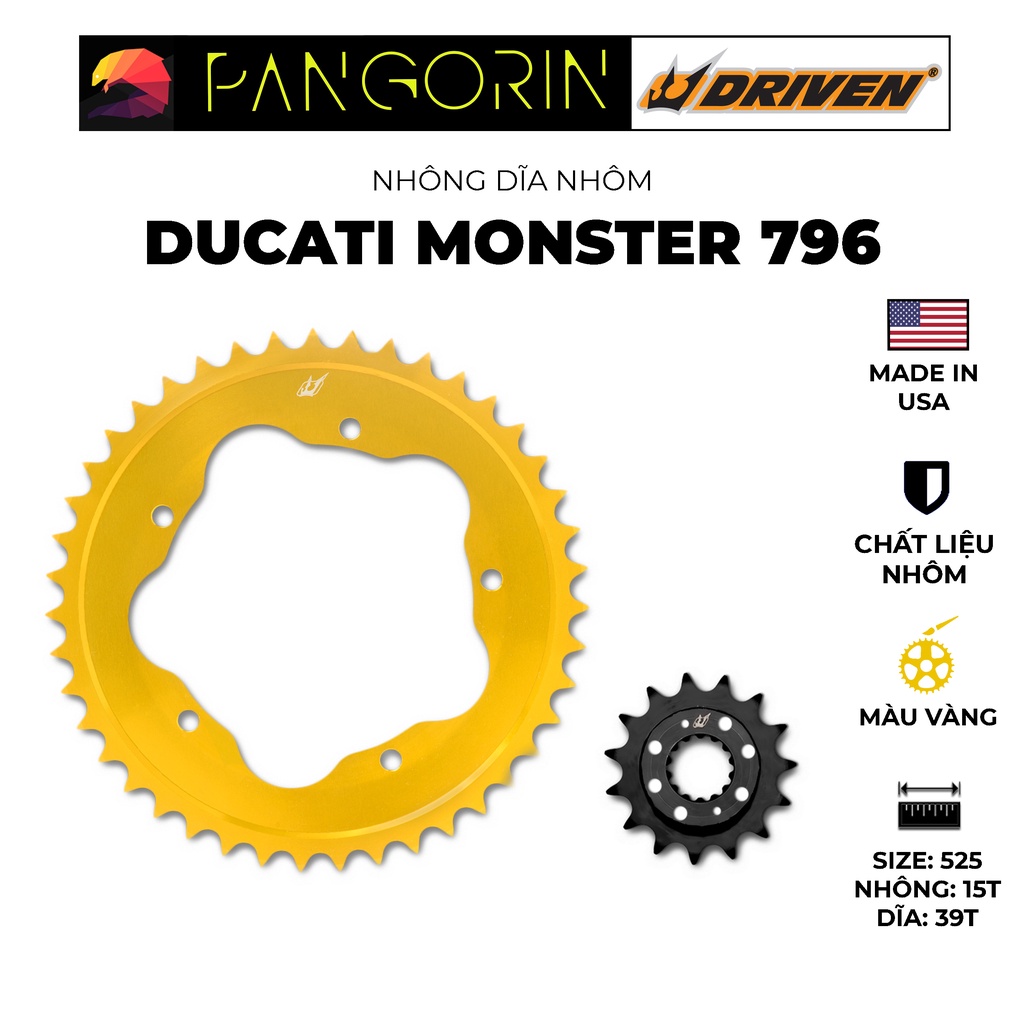 Driven Racing - Nhông dĩa cho xe phân khối lớn mô tô Ducati Monster 796 chất liệu nhôm, màu sắc vàng