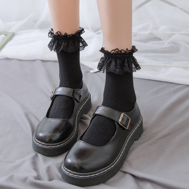 Vớ Ren Ngắn Màu Trơn Phối Diềm Xếp Nếp Ngọt Ngào Thoáng Khí Phong Cách Lolita Nhật Bản Cho Nữ