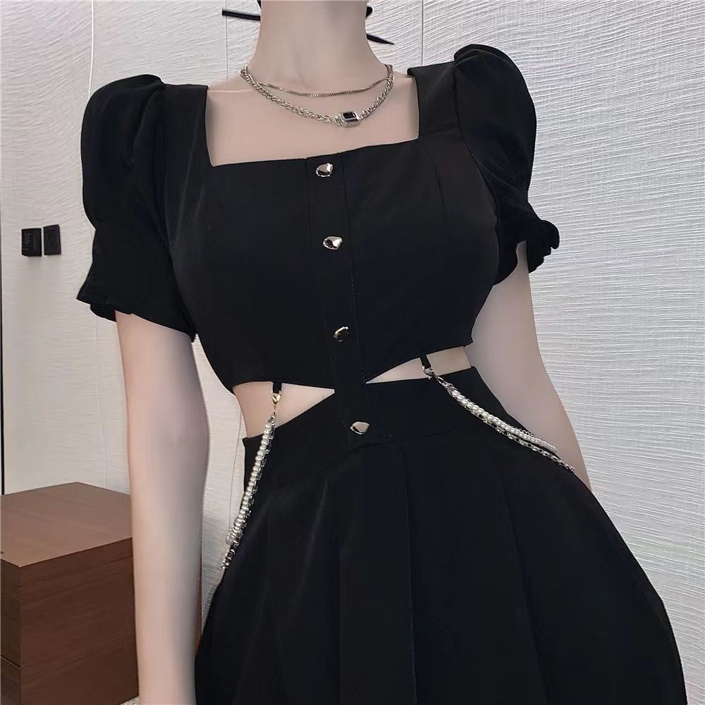 Đầm Đen Khoét Eo Thiết Kế Rỗng Thời Trang Mùa Hè Cho Nữ