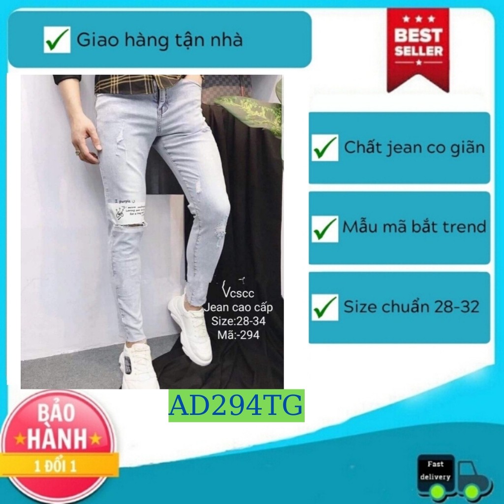 Quần Jean Nam Chất Bò Cao Cấp AD294TG Wash Rách Phối Chữ Cao Cấp Phong Cách Hàn Quốc Thời Trang TG