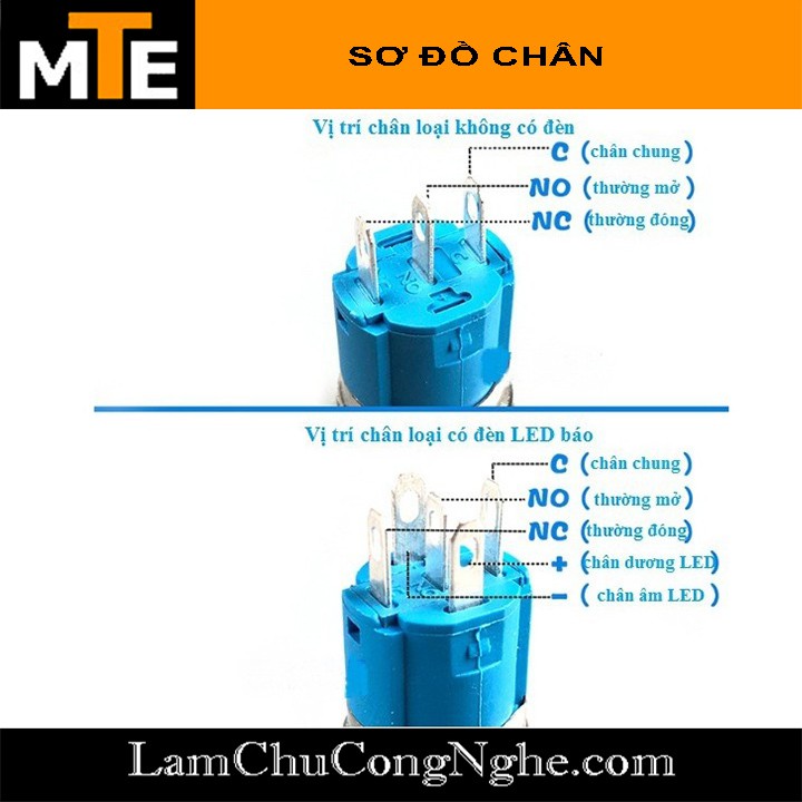 Nút nhấn giữ - nút nguồn có led 16mm 3-6V Xanh, Đỏ