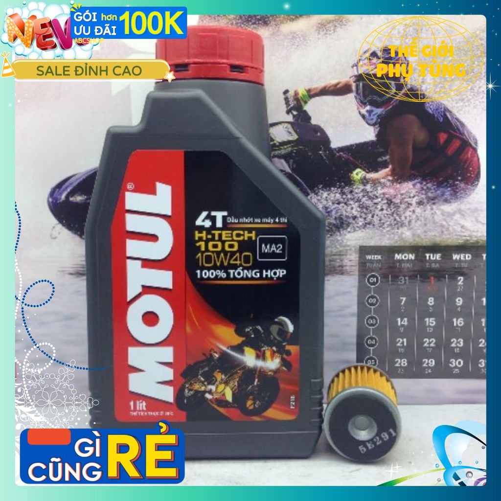 Nhớt 1L Motul H-tech MA2 (kèm lọc Ya) tổng hợp 100% cho xe máy số (Lọc Yamaha, Htech