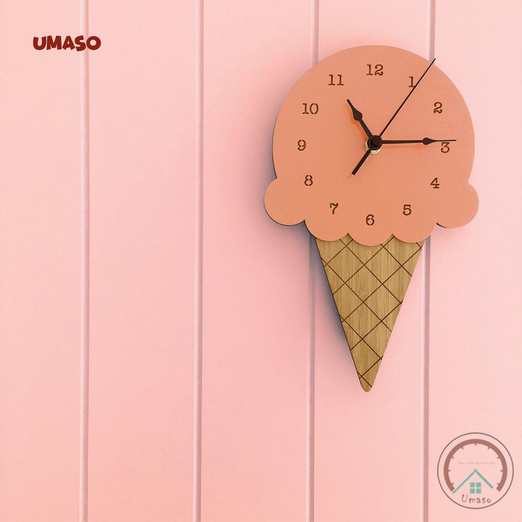 Đồng hồ treo tường trang trí cute dễ thương hình cây kem UMASO [Tặng kèm móc treo và Pin]