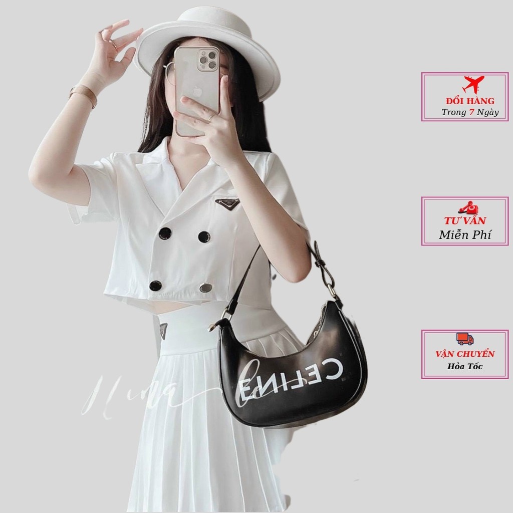 Set áo vest croptop mix chân váy dập ly trắng đen chất tuyết mưa phong cách ulzzang Hàn Quốc váy nữ LyLy Shop