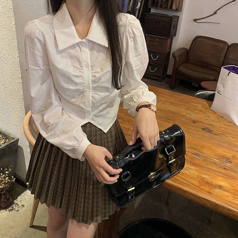 IELGY Áo sơ mi màu trắng tay dài cổ polo phong cách trẻ trung cho nữ