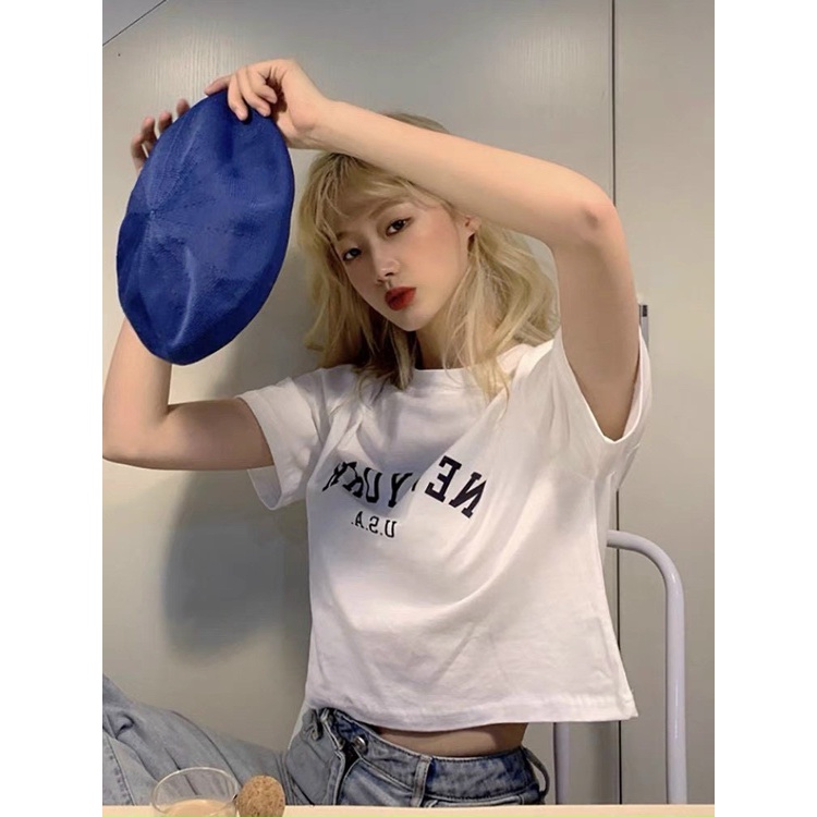 Áo kiểu croptop in chữ NEW trước ngực cực xinh , chất thun coton mềm mịn