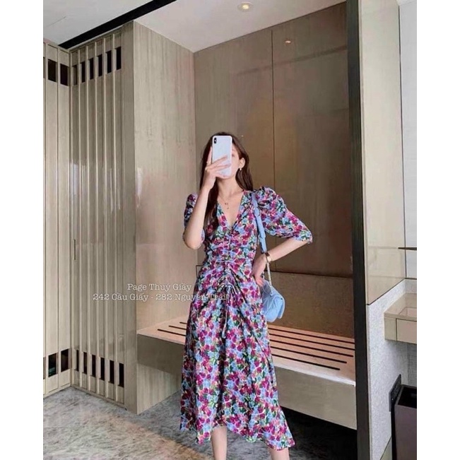 Váy maxi hoa tím đâm tay lửng rút giữa cổ V quyến rũ