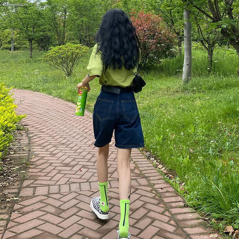 Quần ngắn denim lưng cao ống rộng thiết kế thời trang mùa hè cho nữ 2021