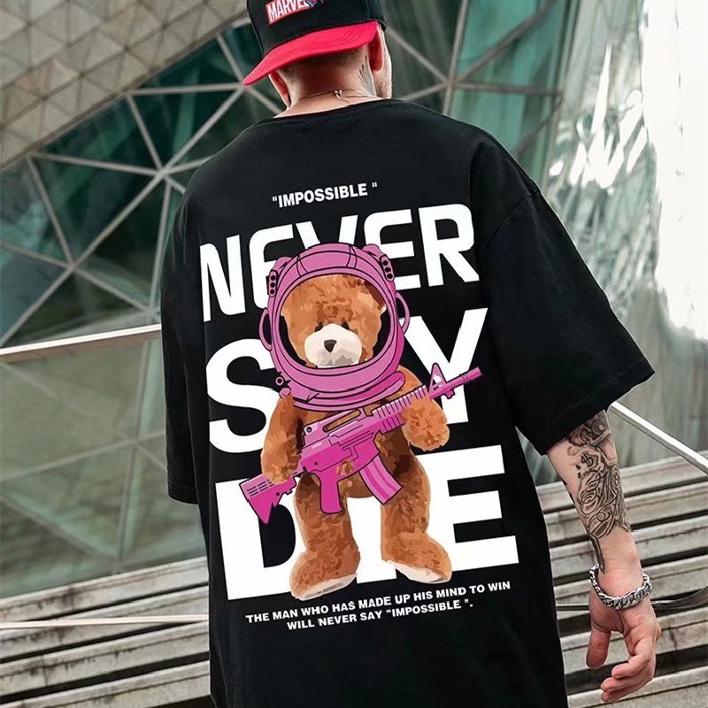 Áo Thun Mùa Hè Dáng Suông Cổ Thuyền Phong Cách Hong Kong In Họa Tiết Hoạt Hình Cho Nam Size M-8XL ​Áo Thun Ngắn Tay Oversize In Họa Tiết Gấu Xinh Xắn Theo Phong Cách unisex