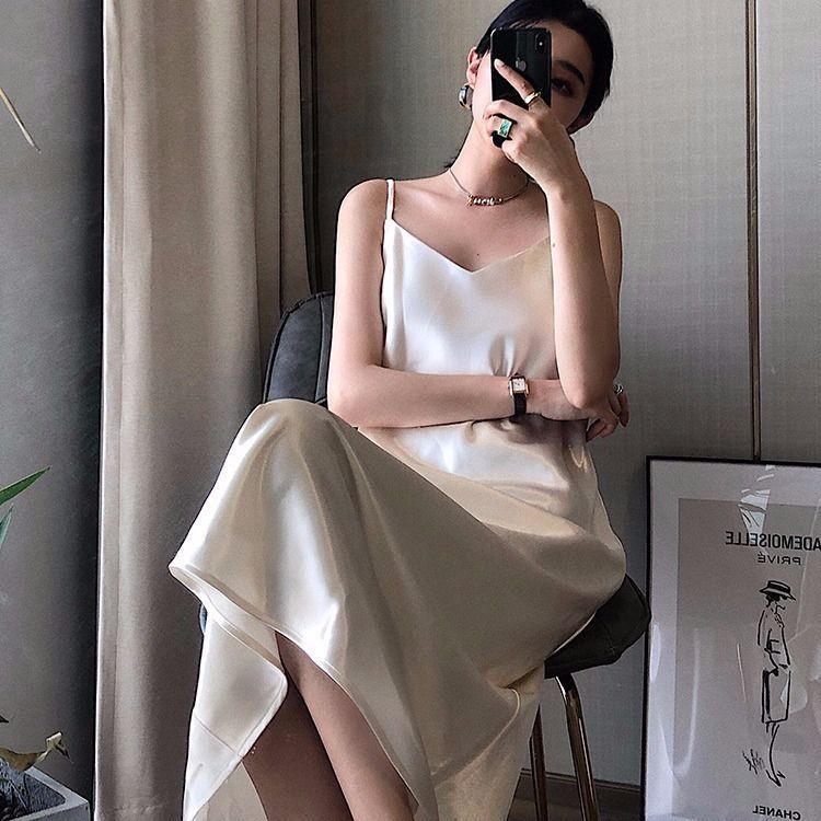 Đầm Ngủ Hai Dây Dáng Chữ A Vải Satin Kiểu Hàn Quốc Gợi Cảm Cho Nữ