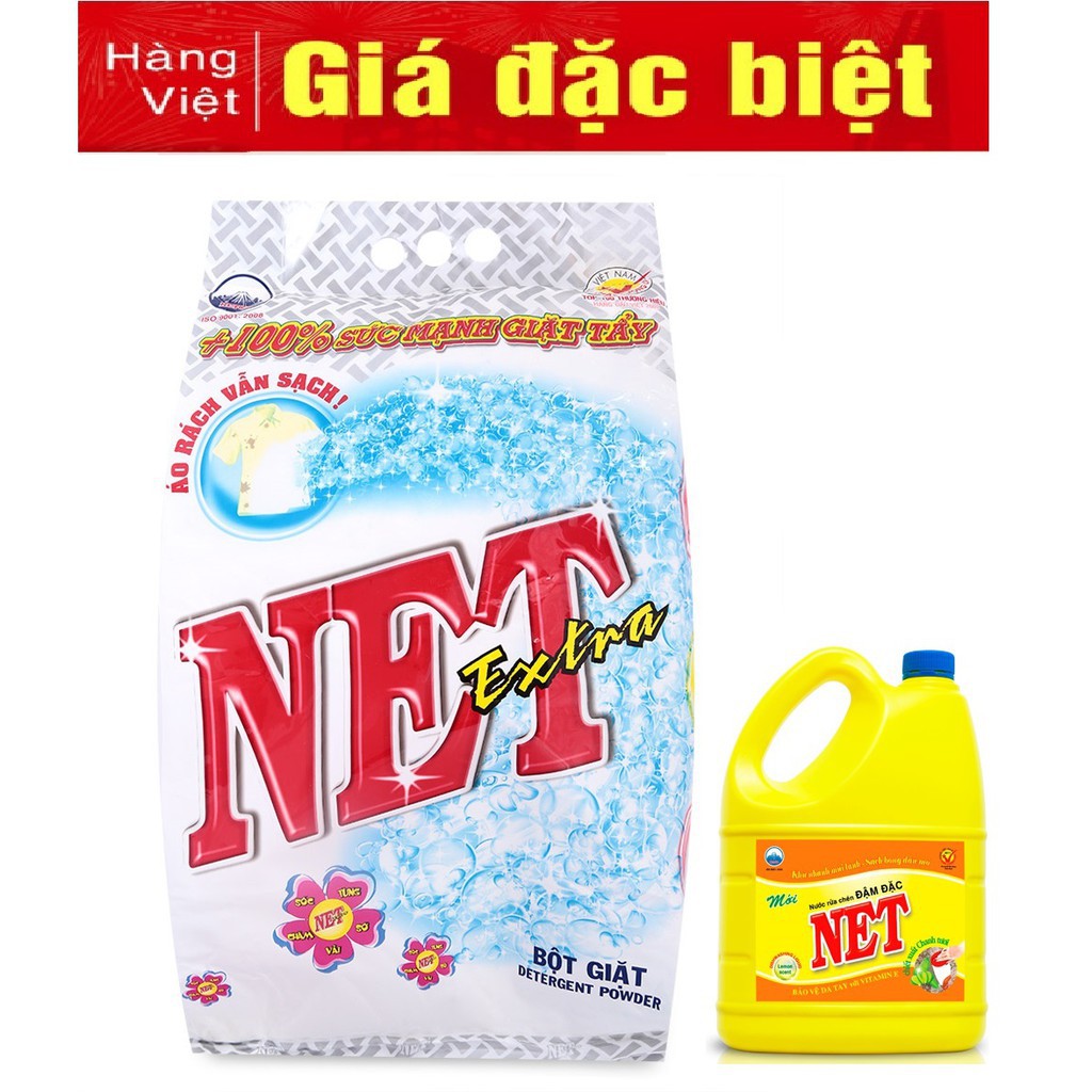 BỘT GIẶT NET Extra 6kg + TẶNG 1 Nước rửa chén 1.5Kg đậm đặc