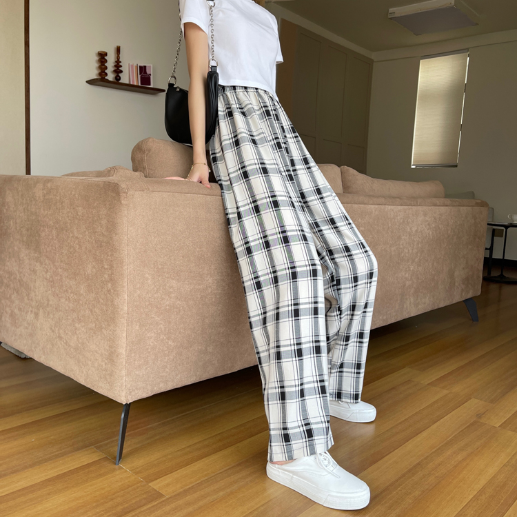 IELGY Plaid casual pants women 2021 spring and summer new style Korean elastic high waist loose wild wide leg pants trousers