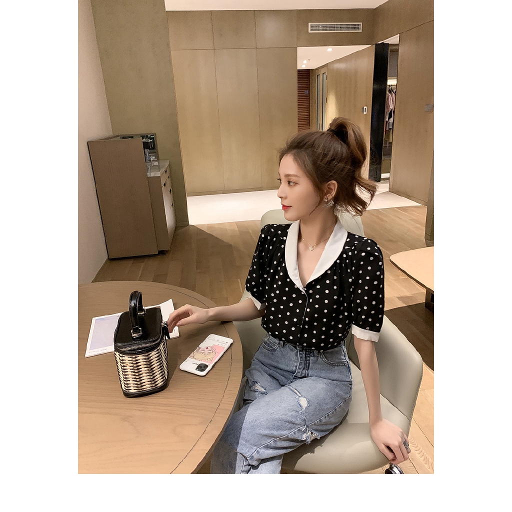 SUXI Áo Sơ Mi Chiffon Cổ V Tay Phồng Họa Tiết Chấm Bi Kiểu Retro Thời Trang Mùa Hè Cho Nữ