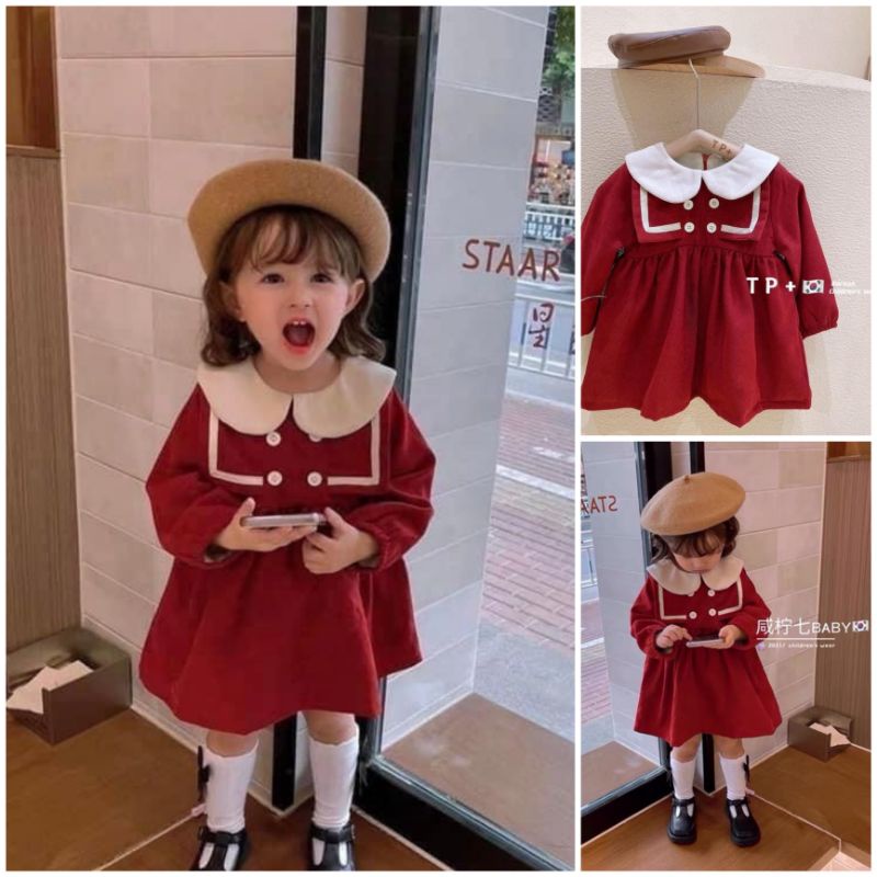 Váy nhung cổ sen phối viền cho bé gái, chất nhung mềm lên dáng chuẩn, mẫu xinh đáng yêu