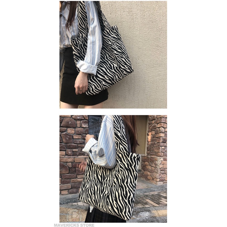 Túi Xách Đeo Vai Vải Bạt Cỡ Lớn Họa Tiết Ngựa Vằn Thời Trang Hàn Quốc Dành Cho Nữ