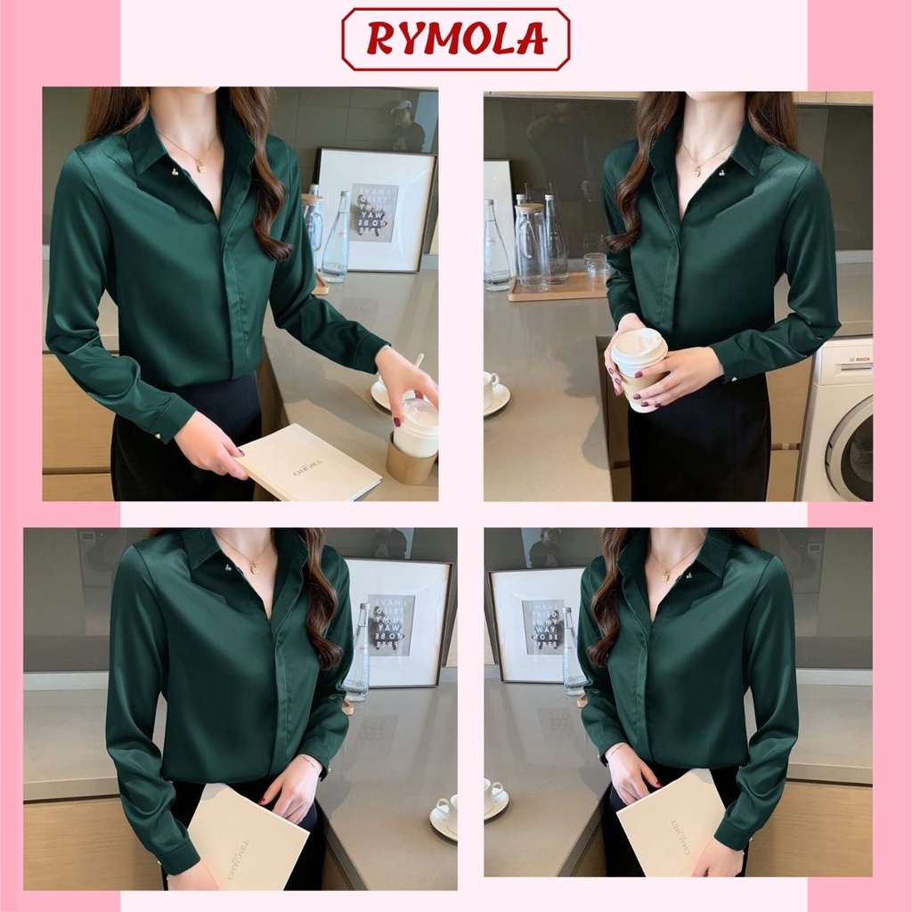 Áo Sơ Mi Nữ Công Sở Màu Xanh Cổ Đức MOLA Kiểu Hàn Quốc Vintage Ulzzang Form Rộng Dài Tay Đẹp Chất Lụa Cao Cấp A2Đ