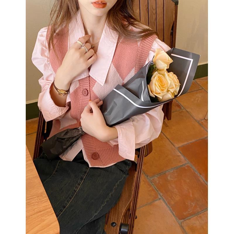 Set áo khoác len không tay và áo sơ mi tay dài thời trang dành cho nữ