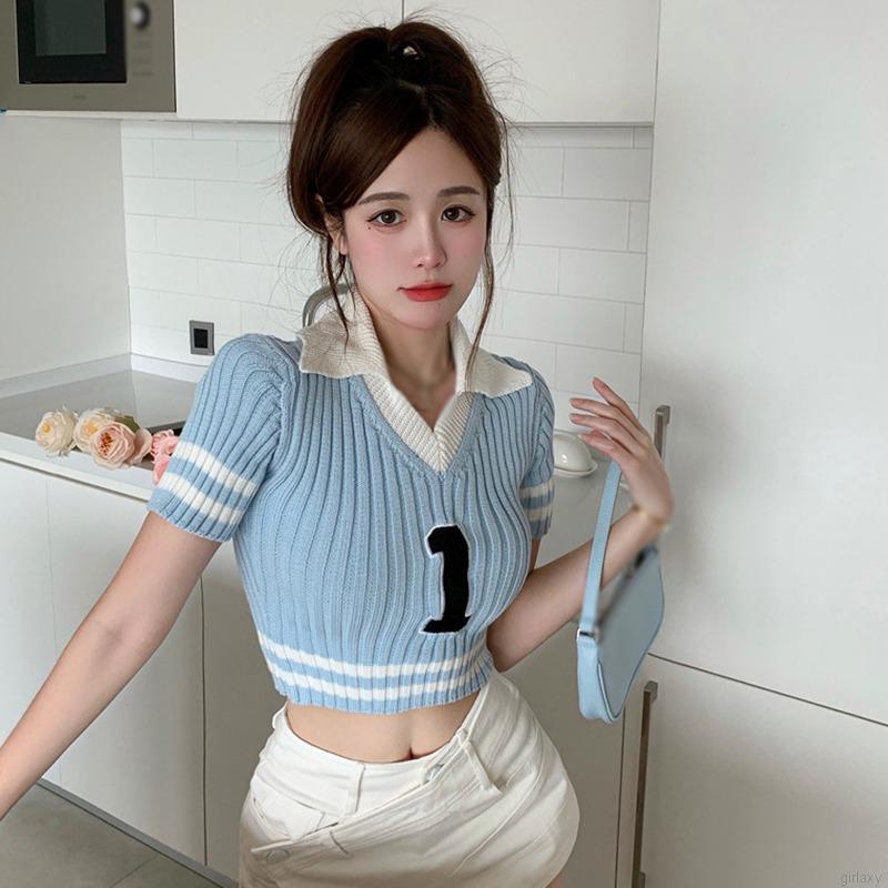 Áo croptop dệt kim ngắn tay cổ chữ v thời trang mùa hè dành cho nữ