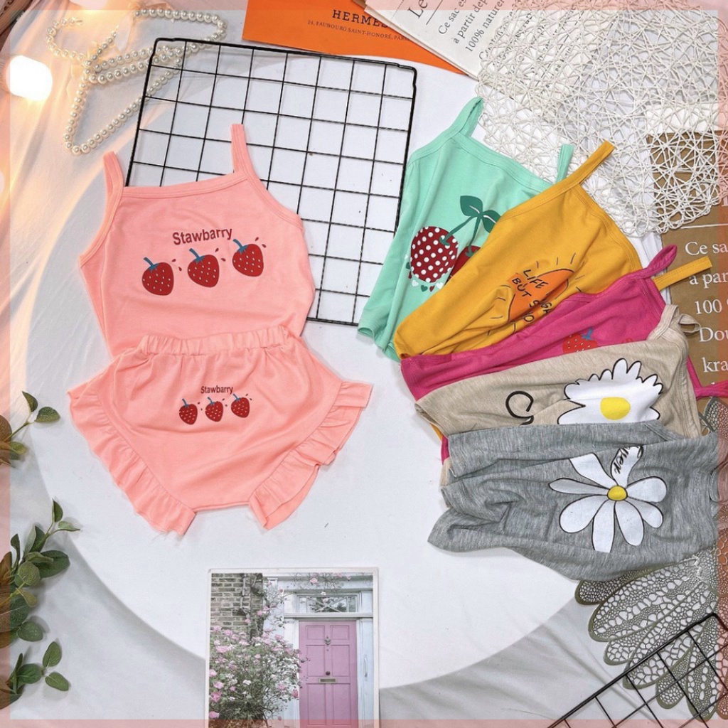 BỘ 2 DÂY BÉ GÁI VẢI COTTON IN HÌNH HOA QUẢ SUWBARRY SIÊU ĐÁNG YÊU