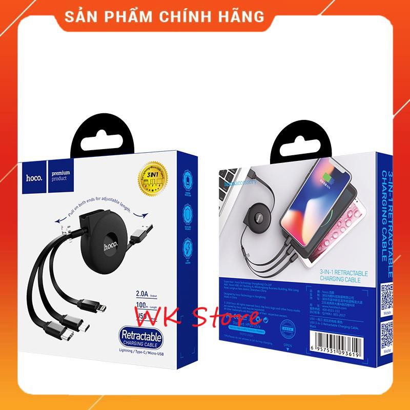 Cáp sạc 3 in 1 dây rút Hoco U50 (Micro, Lightning, Type-C) (BH 1 năm)