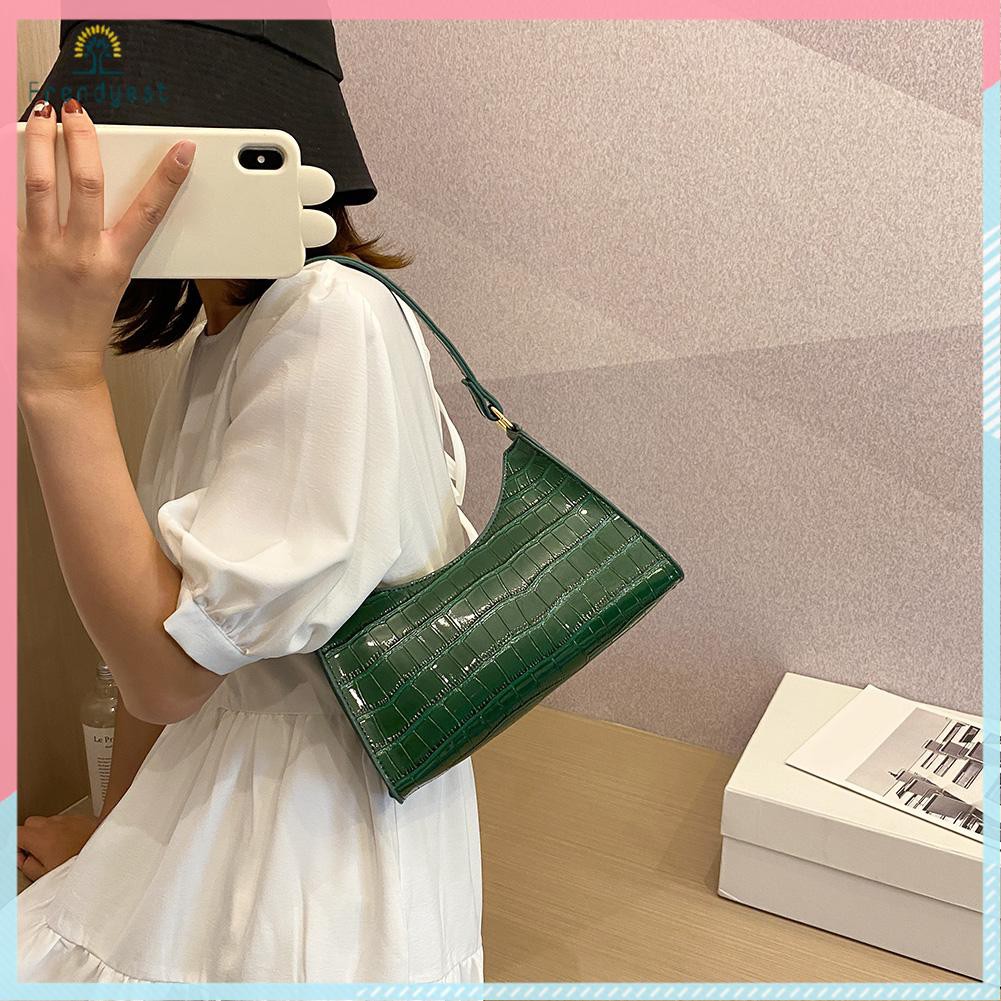 Túi xách da PU vân da cá sấu màu trơn thời trang vintage cho nữ