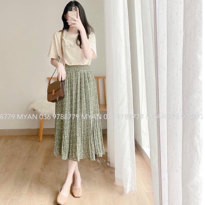 Set áo phông chữ chân váy xếp li midi dáng dài BN290 0322