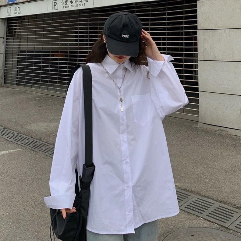 Áo Sơ Mi Trắng Dài Tay Túi Ngực- Áo Sơ Mi Đi Học Chất Dày Đẹp Unisex Form Rộng Ulzzang Hottrend