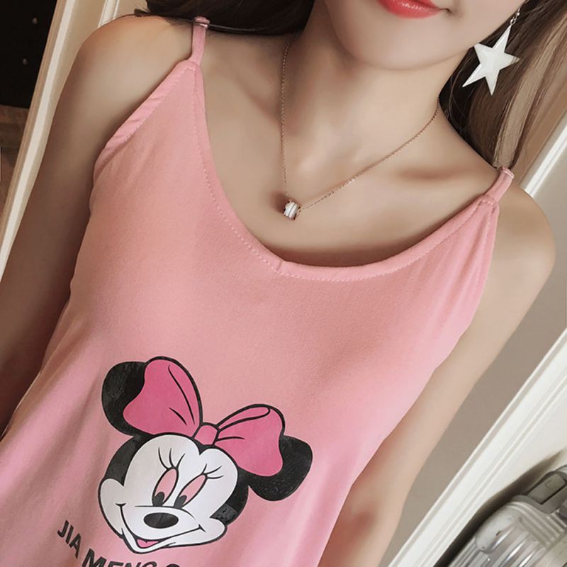 Bộ đồ ngủ 2 dây in hình chuột Mickey màu hồng kèm quần lót