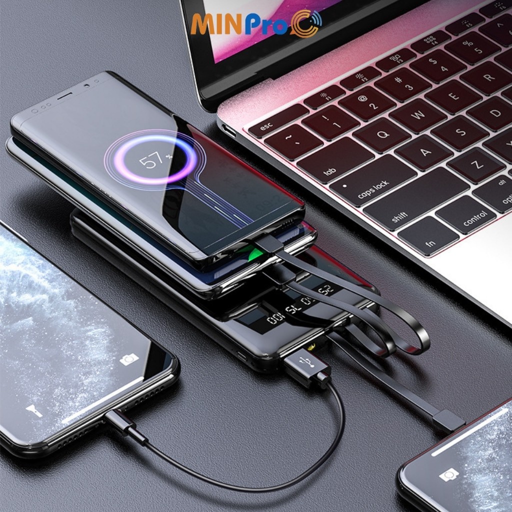 Pin sạc dự phòng 30000mAh hình chữ nhật mini,hỗ trợ sạc nhanh, tặng kèm dây cáp 3 đầu và có miếng đỡ điện thoại - MINPRO