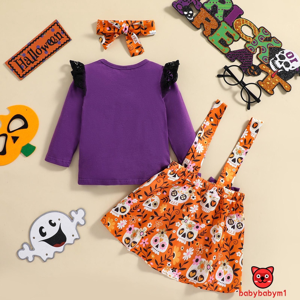 Bộ 3 Món Áo + Chân Váy + Băng Đô In Họa Tiết Hoa / Đầu Lâu Halloween Cho Bé Gái