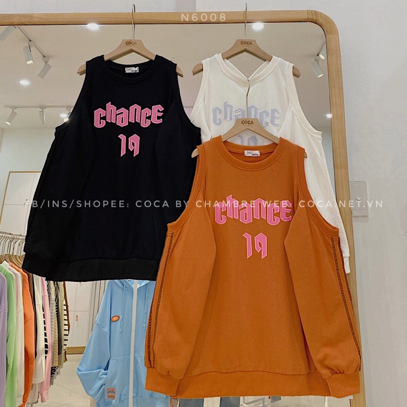 [N6008] Áo SWEATER nỉ da cá khoét vai thêu chữ CHANCE form vừa phong cách BABY (Có sẵn/ảnh thật)