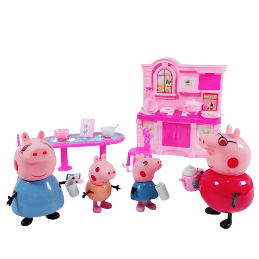 Đồ Chơi Peppa Pig KINPOW Gồm 4 Chú Heo Peppa Và Tủ Bếp Cùng Nhiều Chi Tiết Mô Phỏng Phim Hoạt Hình