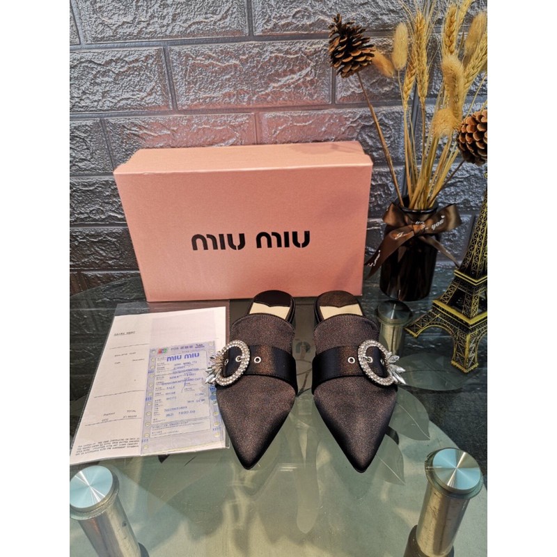 dép satin mũi nhọn Phong cách mới lông vũ kim cương khóa kim cương miumiu