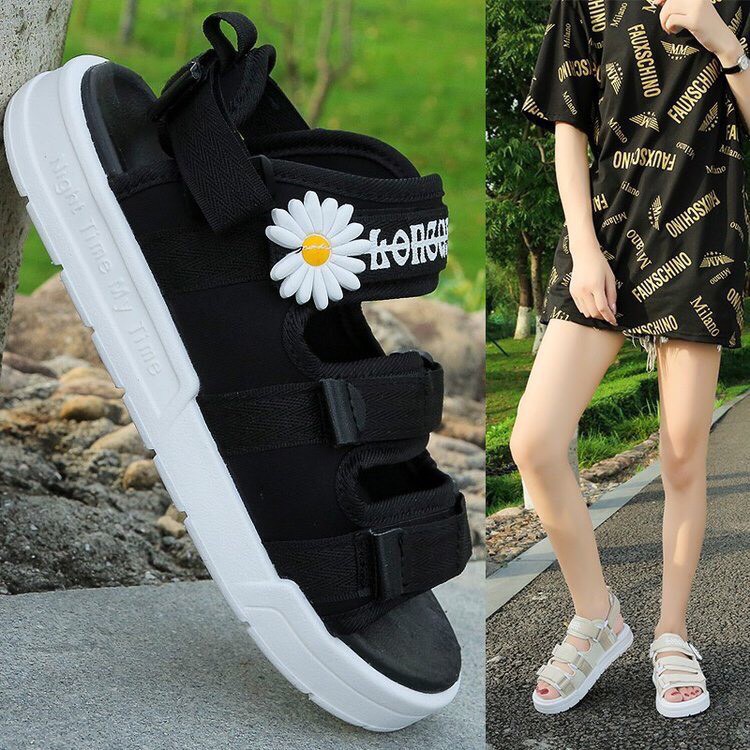 (2 MÀU) Sandal nữ thời trang Ulzzang quai vải chữ ký hoa cúc hót nữ tính