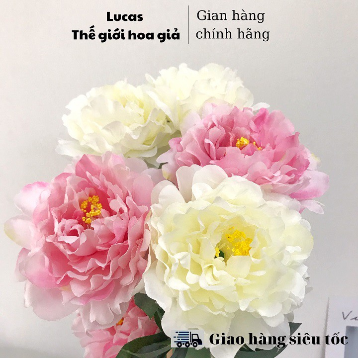 Hoa giả - Hoa mẫu đơn Lucas 70cm 1 cành 2 bông to 1 nụ trang trí đep, giống thật