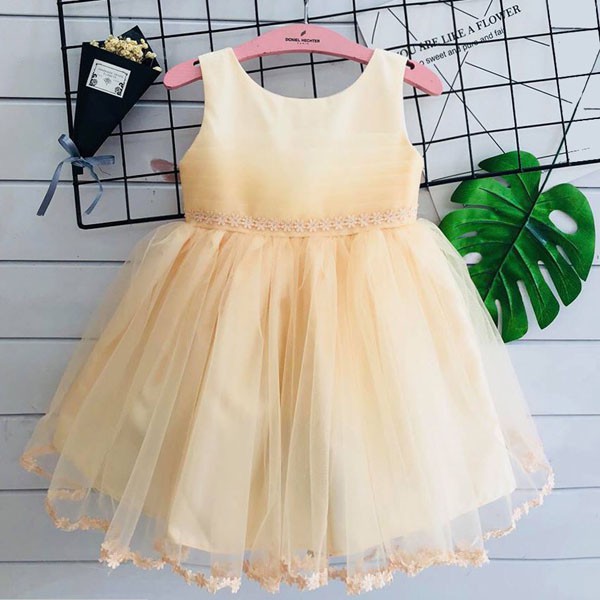 Đầm voan da hội nơ lớn chân ren cho bé gái