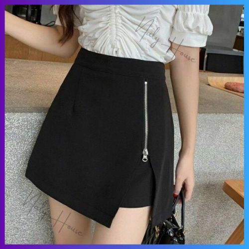 Quần Short Giả Váy Vạt Khóa Xẻ Tà Nữ Tính 2 Màu Đen trắng