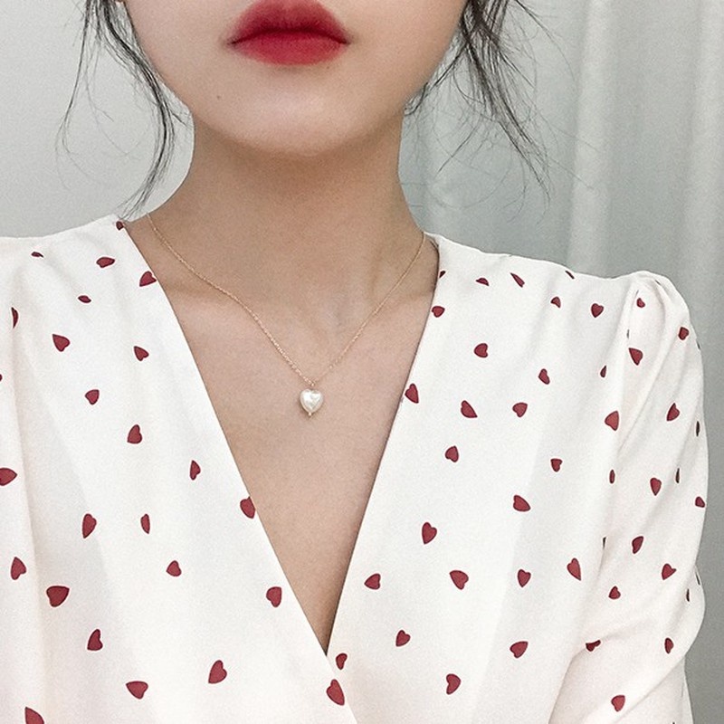 Vòng cổ Ngọc Trai Hình Trái Tim Phong Cách Hàn Quốc Thời Trang