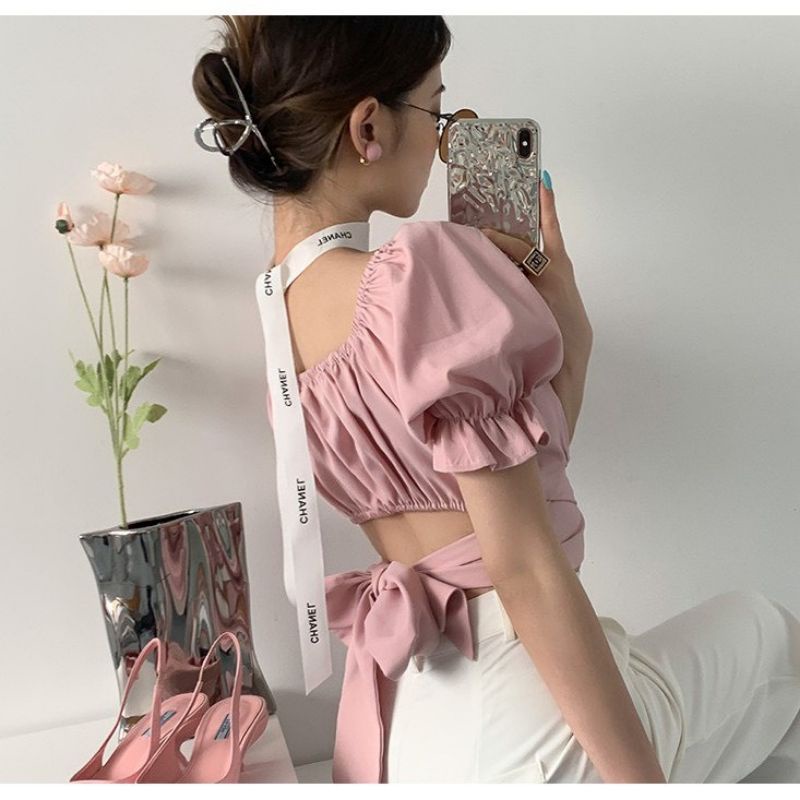 Áo Croptop Voan Ngắn Tay MIRA.CLOSET Bồng Bềnh Nhún Ngực Phối Nơ Lưng Siêu To A5170