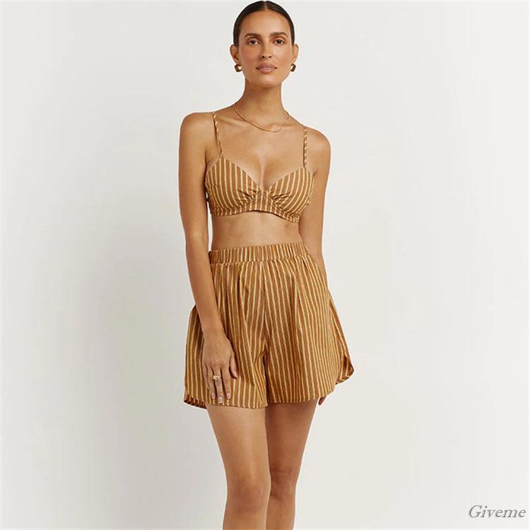 Set Đồ 3 Món Gồm Áo Hai Dây Màu Trơn/Áo Ngực/Quần Short Lưng Thun Cho Nữ