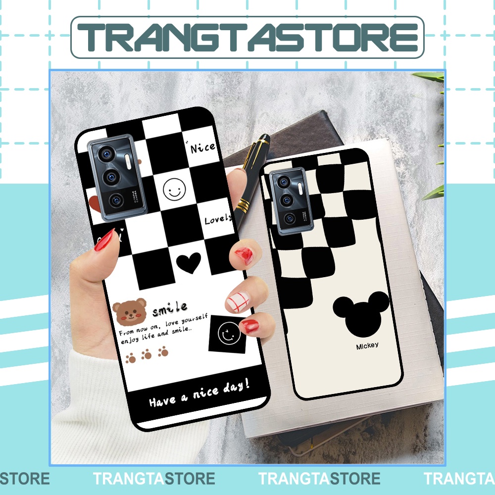 Ốp Vivo V23e in hình sọc caro, họa tiết đen trắng dễ thương