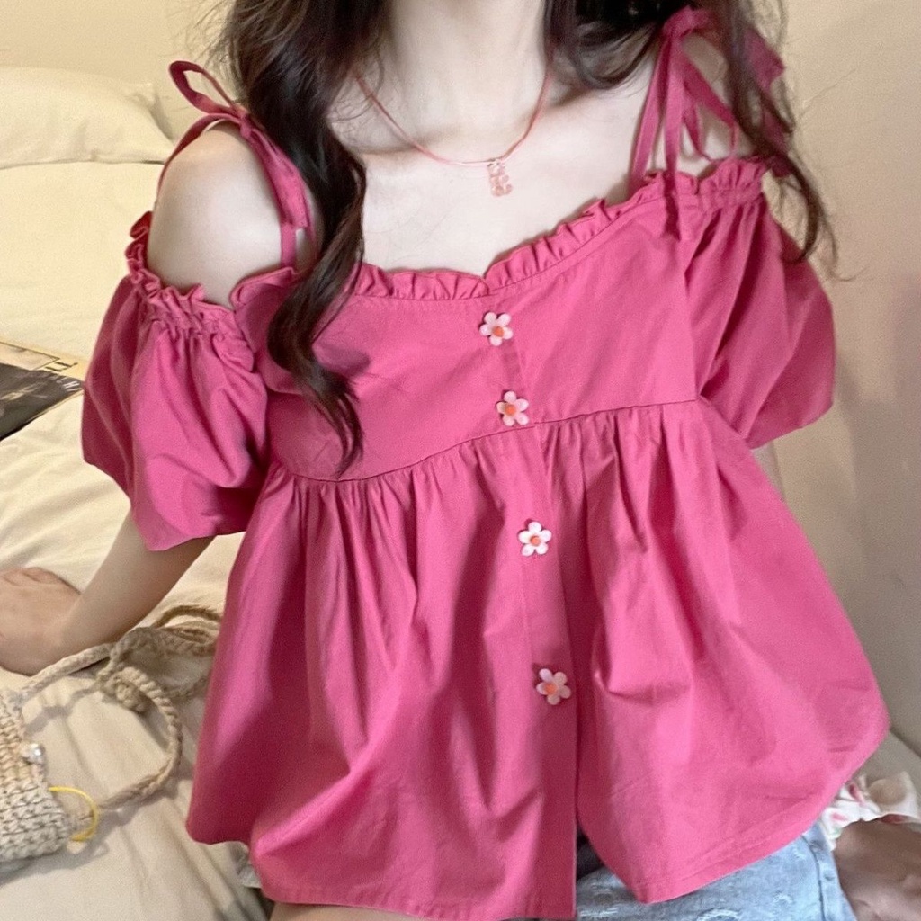 Áo kiểu trễ vai tay phồng thời trang mùa hè phong cách Nhật Bản thuần khiết dễ thương cho nữ
