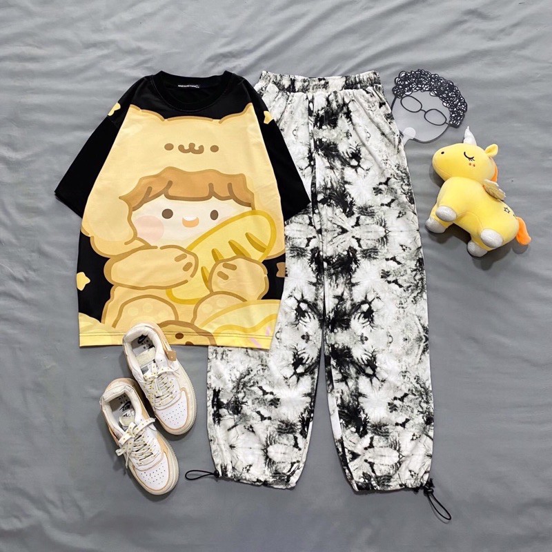 Set áo phông rộng + long pant 3D tiedye loang màu unisex