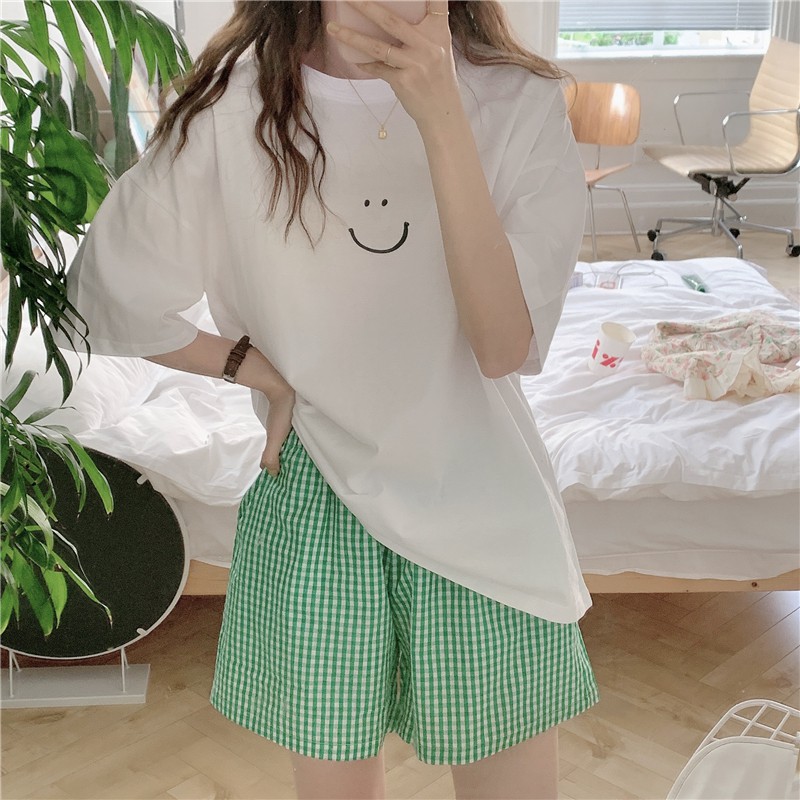 Set Thun Trơn Form Rộng Hình Mặt Cười ⚡ Casper.Store | FREESHIP | ⚡ Bộ phông cộc tay oversize kèm short cạp chun kẻ caro