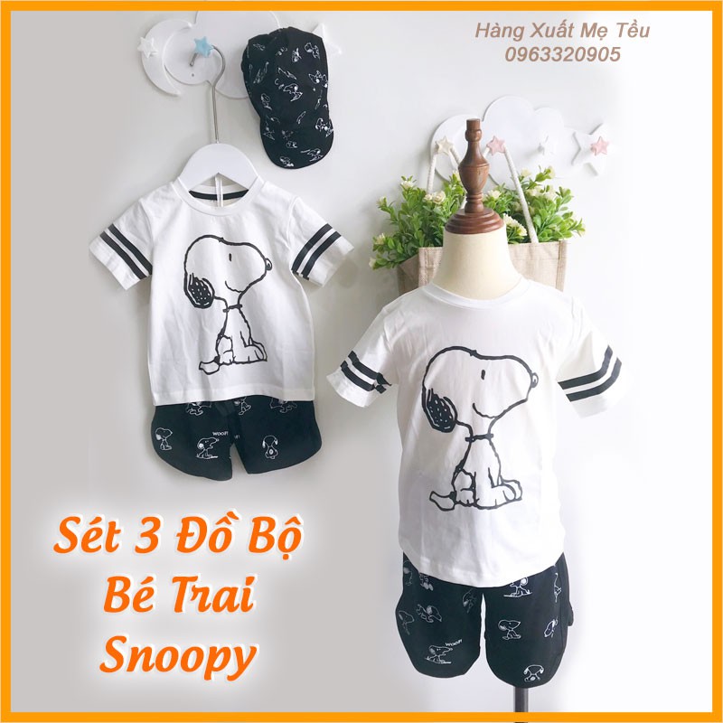 Set Bộ Quần Áo Cộc Tay Kèm Mũ In Hình Snoopy Cho Bé Trai 1 - 6 Tuổi Chất Cotton Siêu Mát Hàng Xuất Mẹ Tều Size 9 - 22 kg