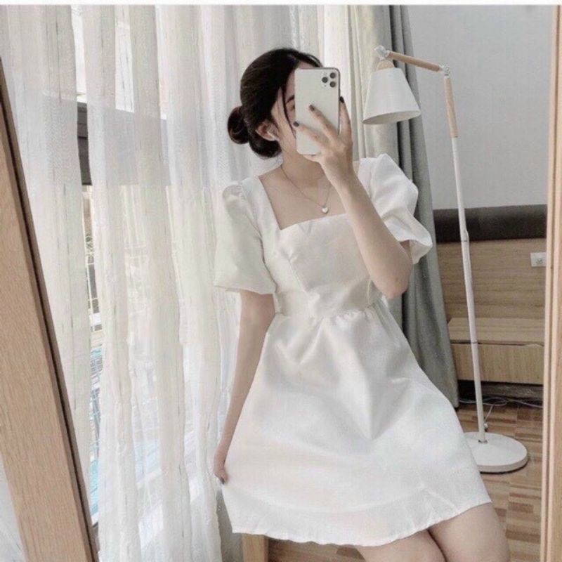 🍓 Đầm suông kate cổ vuông phối tay phồng