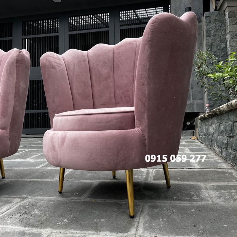 Ghế sofa đơn nhỏ hình sò chất nhung mịn cao cấp chân mạ vàng màu hồng phấn